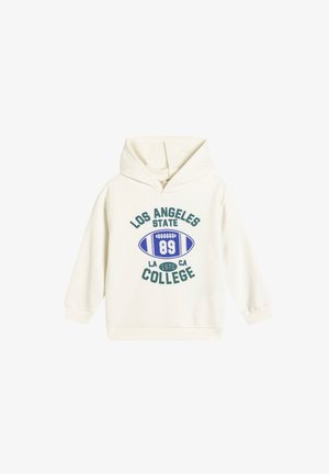 Crème hoodie gemaakt van zachte stof, met een blauw en groen graphic van een voetbal, tekst en jaartal op de voorkant.