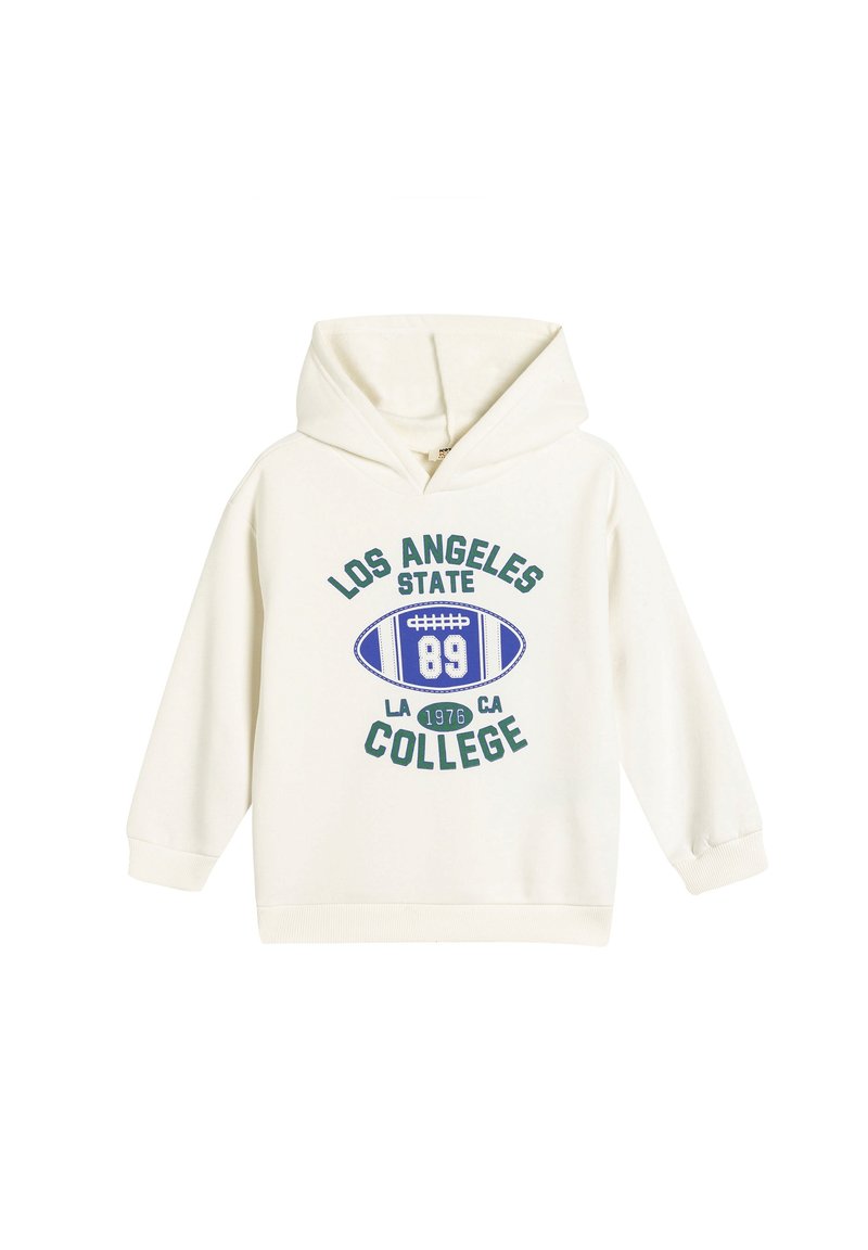 Sudadera con capucha color crema hecha de una tela suave, con un gráfico azul y verde de un balón de fútbol, texto y año en la parte frontal.