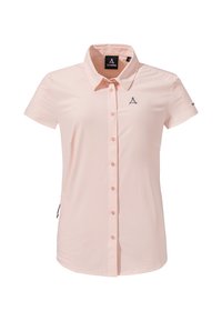 Light pink short-sleeve shirt with a collared neck, button front, and logo on the left chest. Smooth, lightweight fabric with minimal texture.