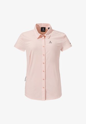 Hellrosa Kurzarmhemd mit Kragen, Knopfleiste und Logo auf der linken Brust. Glatter, leichter Stoff mit minimaler Textur.