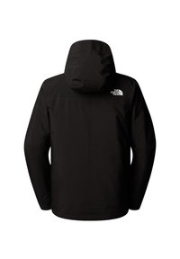 Schwarze wasserdichte Jacke mit Kapuze, versehen mit einem weißen Logo auf dem oberen Rücken. Glatte Textur und ein schlichtes, elegantes Design.