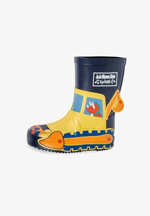 Geltoni guminiai lietaus batai su mėlynomis detalėmis, dinozaurų grafika ir struktūruotu padu, užtikrinančiu sukibimą. Yra apvalus nosis ir logotipo detalė.