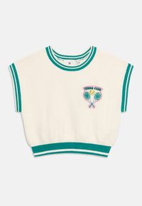 Κοντό λευκό πλεκτό γιλέκο με πράσινο περίγραμμα και ετικέτα «Tennis Club» με ρακέτες και μπάλα στο στήθος