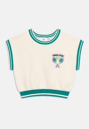 Chaleco corto blanco de punto con ribete verde y parche "Tennis Club" con raquetas y una pelota en el pecho