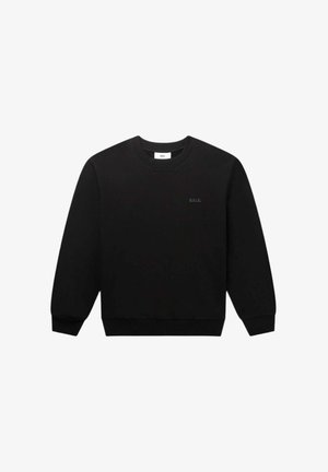 Fekete kereknyakú pulóver, puha anyagból készült, bordázott mandzsettákkal és szegéllyel, valamint egy diszkrét hímzett logóval a mellrészen.