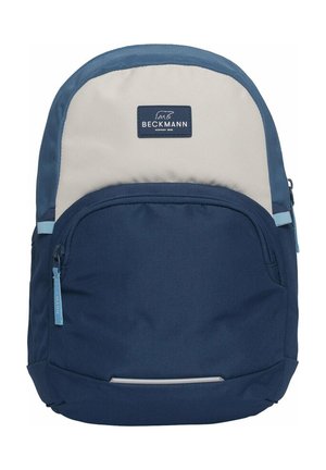 Zaino Beckmann blu navy e grigio chiaro con tasca frontale con cerniera e cursori della cerniera azzurri, progettato per l'uso quotidiano.