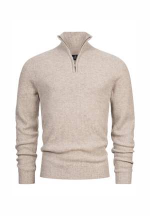 Beige ribbed knit pullover sweater with a half zip collar, long sleeves, and a fitted hem. The texture appears soft and warm.