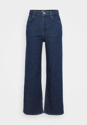 Hoge taille wijde jeans van donkerblauwe denim. Kenmerken zijn het klassieke vijf-pocket ontwerp, sluiting met een knoop aan de voorkant en contrasterende stikseldetails.