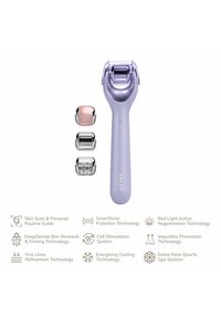Lavendel hudvårdsapparat med ett böjt handtag, tre utbytbara huvuden i rostfritt stål och olika texturerade rollers för flera behandlingar.
