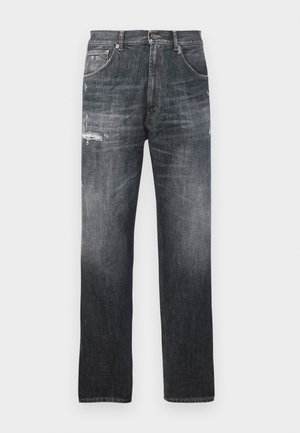 Dunkelgraue, ausgebleichte Jeans aus Denim mit leichten Abnutzungen an den Oberschenkeln und klassischem Fünf-Taschen-Design.