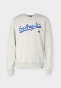 Gray sweatshirt with blue "Los Angeles" text and logo. Features a crew neck and ribbed cuffs and hem. Made of soft, textured fabric.