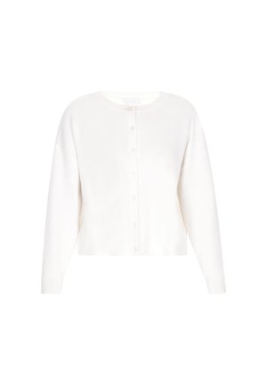 Hvid kort cardigan lavet af blødt stof, med en rund halsudskæring, knaplukning og ribbede manchetter. Glat tekstur med minimal detaljer.