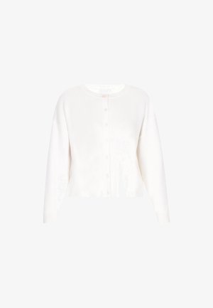 Bílý zkrácený kardigan vyrobený z měkké tkaniny, s kulatým výstřihem, zapínáním na knoflíky a žebrovanými manžetami. Hladký povrch s minimálními detaily.