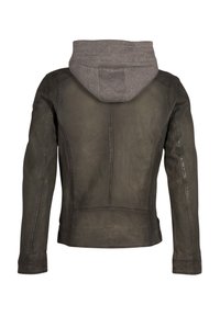 Olivengrüne Lederjacke mit grauem Hoodie-Innenfutter. Verfügt über ein tailliertes Design, Fadenverzierungen und eine glatte Textur.