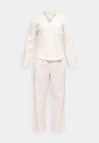 Ensemble de pyjama crème à manches longues avec boutons, orné de petits cœurs rouges et comprenant une poche poitrine sur le haut.