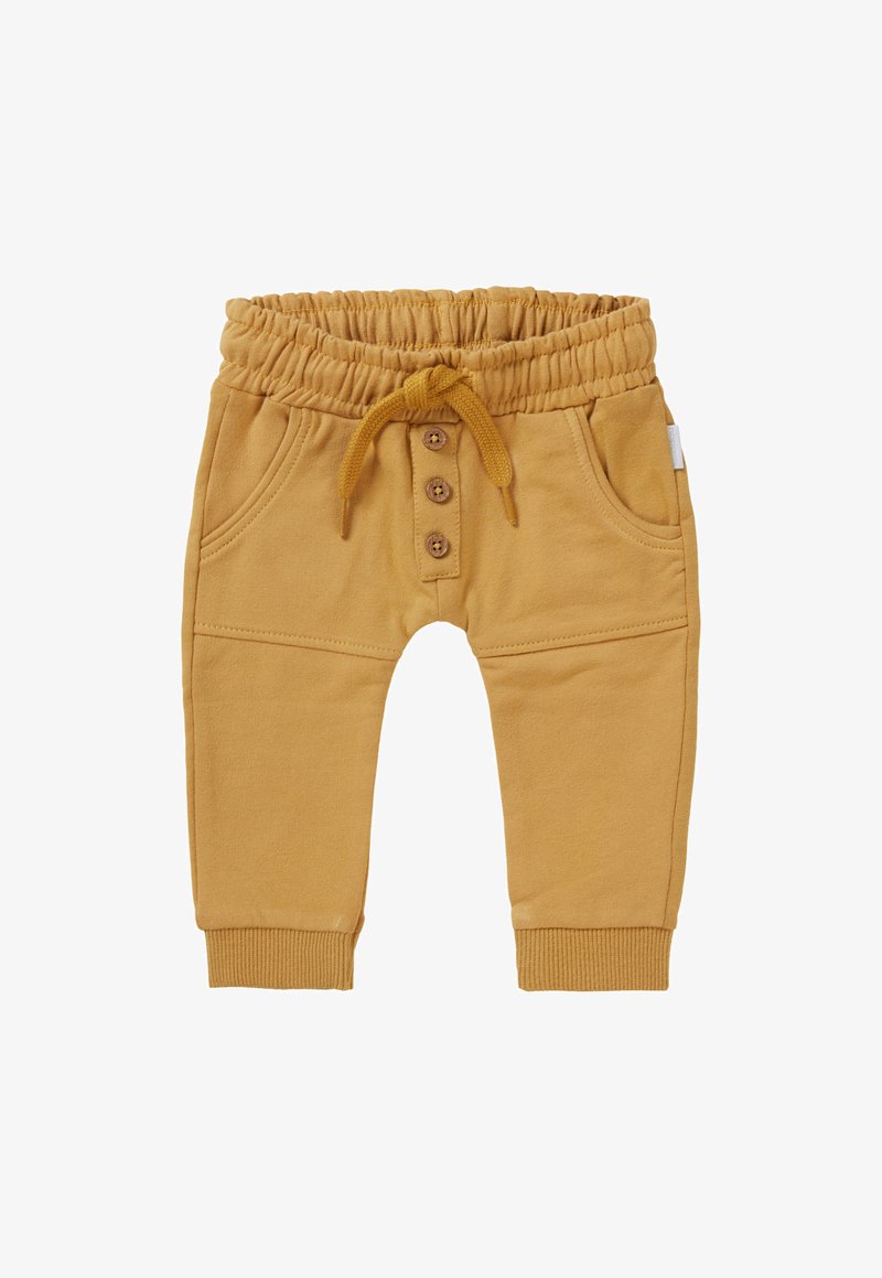 Gele sweatpants met een elastische tailleband, trekkoord en drie knoopsluitingen. Voorzien van zijzakken en geribbelde enkelboorden.