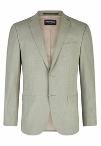 Lichtgroene blazer van geweven stof, met twee knopen, een enkele borstzak en geknipte revers. Binnenvoering met logo-patroon.