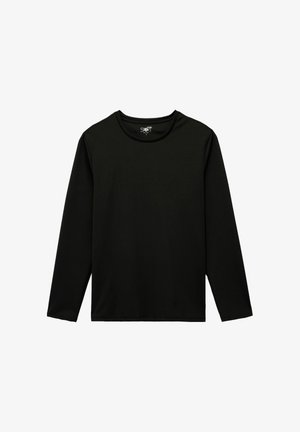 Zwart sportshirt met lange mouwen en ronde hals, maat large, plat liggend op een witte achtergrond.