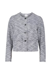 Grijze textuurjacket met een ronde halslijn, lange mouwen, een verkorte zoom en vier zwarte knopen aan de voorkant.