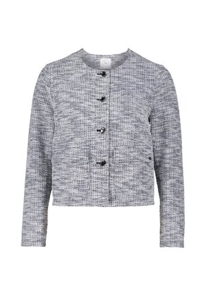 Grijze textuurjacket met een ronde halslijn, lange mouwen, een verkorte zoom en vier zwarte knopen aan de voorkant.