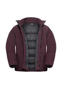 Bordeaux pufferjack met een grijze binnenkant, voorzien van een ritssluiting, gewatteerd ontwerp en een capuchon, ontworpen voor warmte en comfort.