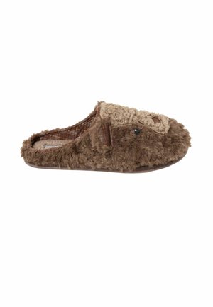 Brown fuzzy slip-on slipper designed to look like a dog with ears, eyes, and a snout on the front upper part.