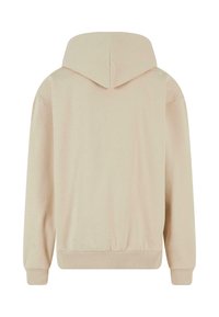Beige hettegenser med lange ermer, avslappet passform og ribbestrikkede mansjetter og kant. Enkel design uten synlige mønstre eller accenter.