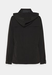 Černá kapucí bunda s dlouhými rukávy, zapínáním na knoflíky na manžetách a rovný lem, zobrazená zezadu na jednobarevném pozadí.