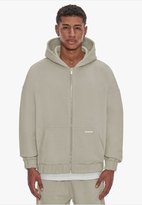 Light gray zip-up hoodie with a spacious hood, kangaroo pockets, elastic cuffs, and a drawstring hem. Made from soft fabric.