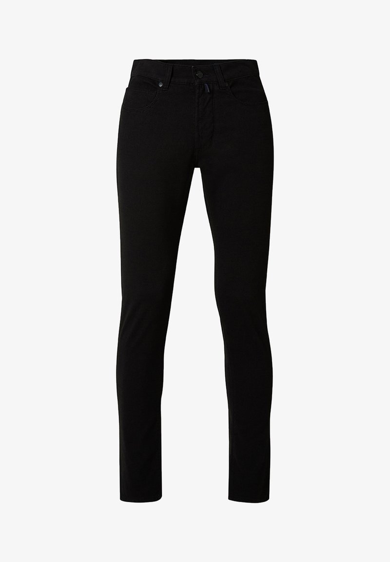 Black denim skinny jeans with a smooth texture, five-pocket design, and classic button and zipper closure. Fitted through the legs.