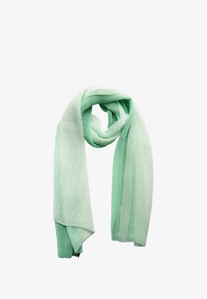 Lightweight, crinkled scarf in a gradient of pale to mint green. Soft texture with subtle horizontal stripes and raw-edged ends.