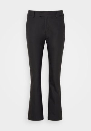 Black flared trousers made of smooth fabric, featuring a flat front, belt loops, and a clean hem for a tailored look.