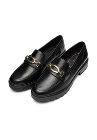 Black leather loafers with a gold chain accent, rounded toe, and a textured sole. Features a smooth finish and cushioned insole design.