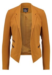 Blazer giallo senape con un design strutturato, due tasche con zip e apertura frontale. L'interno presenta un rivestimento beige a contrasto.