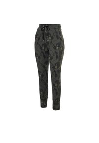 Pantalon de jogging camouflage vert foncé avec taille à cordon noir et poche zippée sur la cuisse droite.
