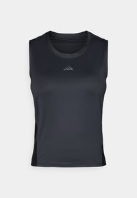 Μαύρο αμάνικο αθλητικό τοπ με ριγωτή υφή. Διαθέτει στρογγυλή λαιμόκοψη και μικρό ασημί λογότυπο στο στήθος.