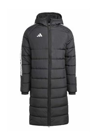 Abrigo acolchado negro con capucha, con rayas blancas de Adidas en las mangas y cremallera frontal. Diseño acolchado texturizado en todo el abrigo.