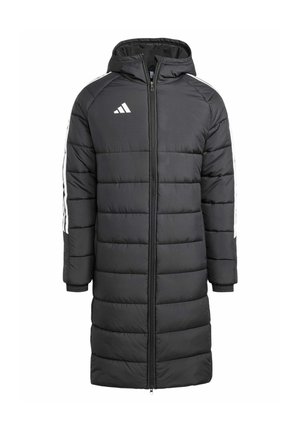 Cappotto imbottito nero con cappuccio, con strisce bianche Adidas sulle maniche e una zip frontale. Design trapuntato a trama in tutto il capo.