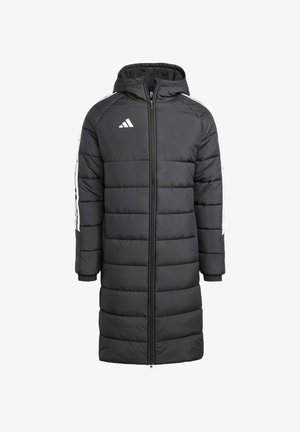 Schwarze gepolsterte Jacke mit Kapuze, mit weißen Adidas-Streifen an den Ärmeln und einem Vorderreißverschluss. Strukturierter Steppdesign über die gesamte Jacke.