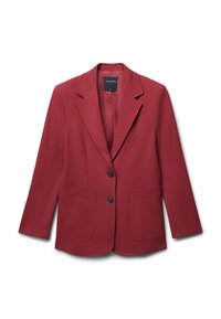 Blazer rosso realizzato in tessuto testurizzato, con rever a punta, due tasche frontali e due bottoni. La parte interna è completamente foderata. Etichetta del marchio visibile.