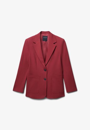 Blazer rosso realizzato in tessuto testurizzato, con rever a punta, due tasche frontali e due bottoni. La parte interna è completamente foderata. Etichetta del marchio visibile.