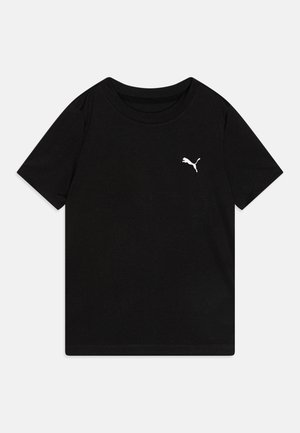 Czarny bawełniany t-shirt z krótkim rękawem, okrągłym dekoltem i białym logo Pumy po lewej stronie klatki piersiowej. Gładka tekstura i luźny krój.