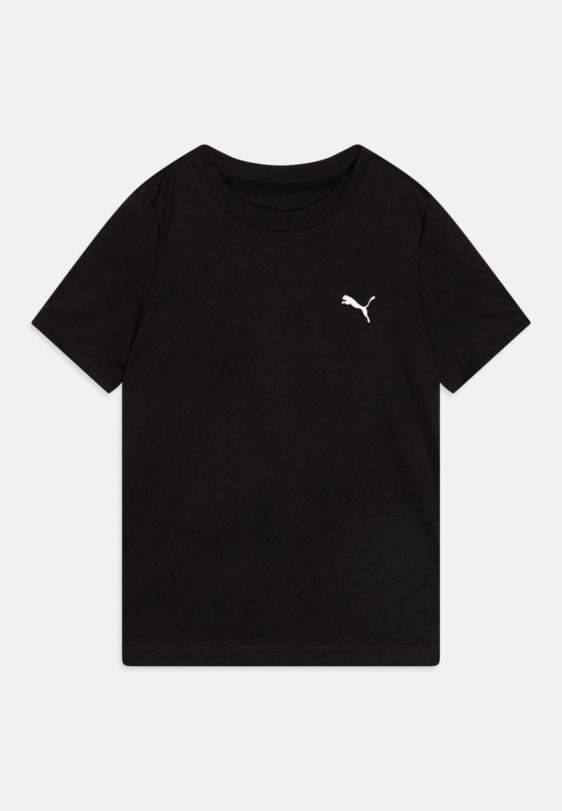 Must must musta T-särk lühikeste varrukatega, ümmarguse kaelusega ja valge Puma logo vasakul rinnal. Sile tekstuur ja lõdvestunud lõige.