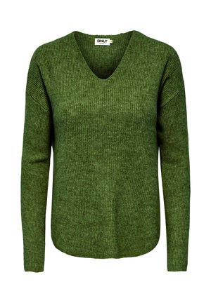 Pull vert en maille côtelée à manches longues et col en V, présenté sur un fond blanc uni.