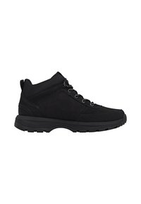 Zwarte mid-top sneaker gemaakt van synthetisch materiaal met een gestructureerde afwerking, voorzien van ronde veters, een gewatteerde kraag en een rubberen zool.