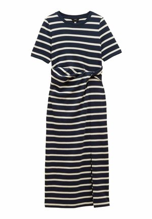 Navy and white striped midi dress, short sleeves, knot detail at waist, soft fabric, straight silhouette, side slit for ease of movement.