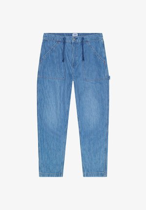 Blauwe gestreepte katoenen broek met een trekkoord in de taille, twee voorzakken en een zijzak. Voorzien van een knoopsluiting en contrasterende stiksels.