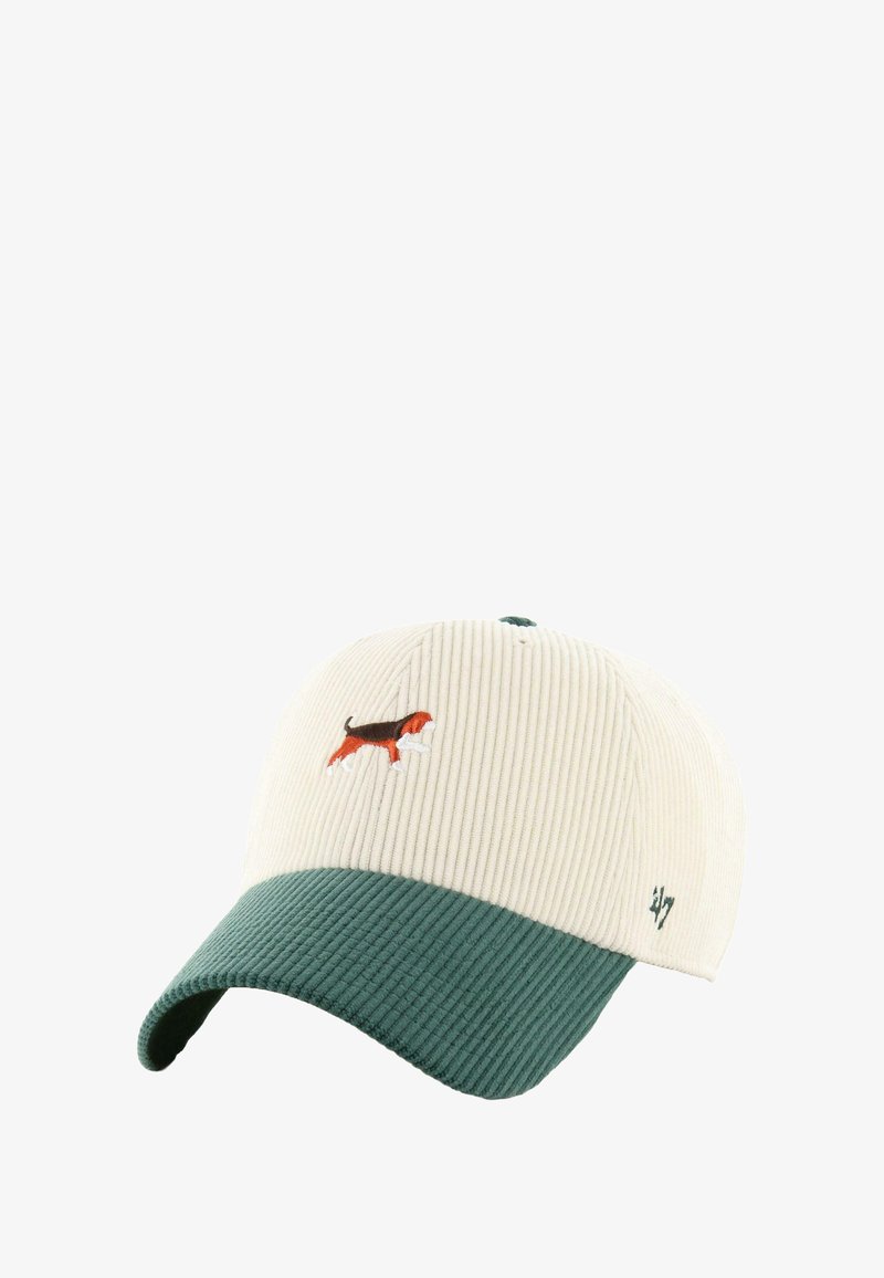 Cord-Hut mit cremefarbener Krone, grünem Schirm, kleinem gesticktem Hundelogo und "47"-Markenstitch auf der Seite.