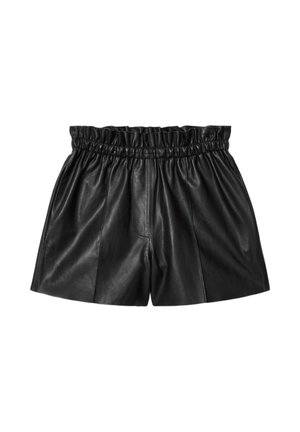 Sorte shorts i kunstlæder med høj elastisk talje og lodret sømdetalje på hvid baggrund.