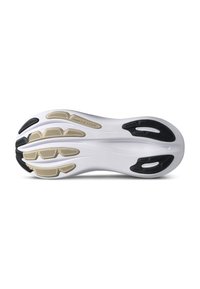 Skosula med vit gummi och svarta och beige accenter, texturerade fåror och märkesdetaljer för grepp och stabilitet.